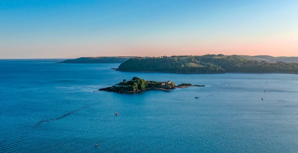 Aerial view of Plymouth Sound, looking over Drake's Island and towards Mount Edgcumbe
